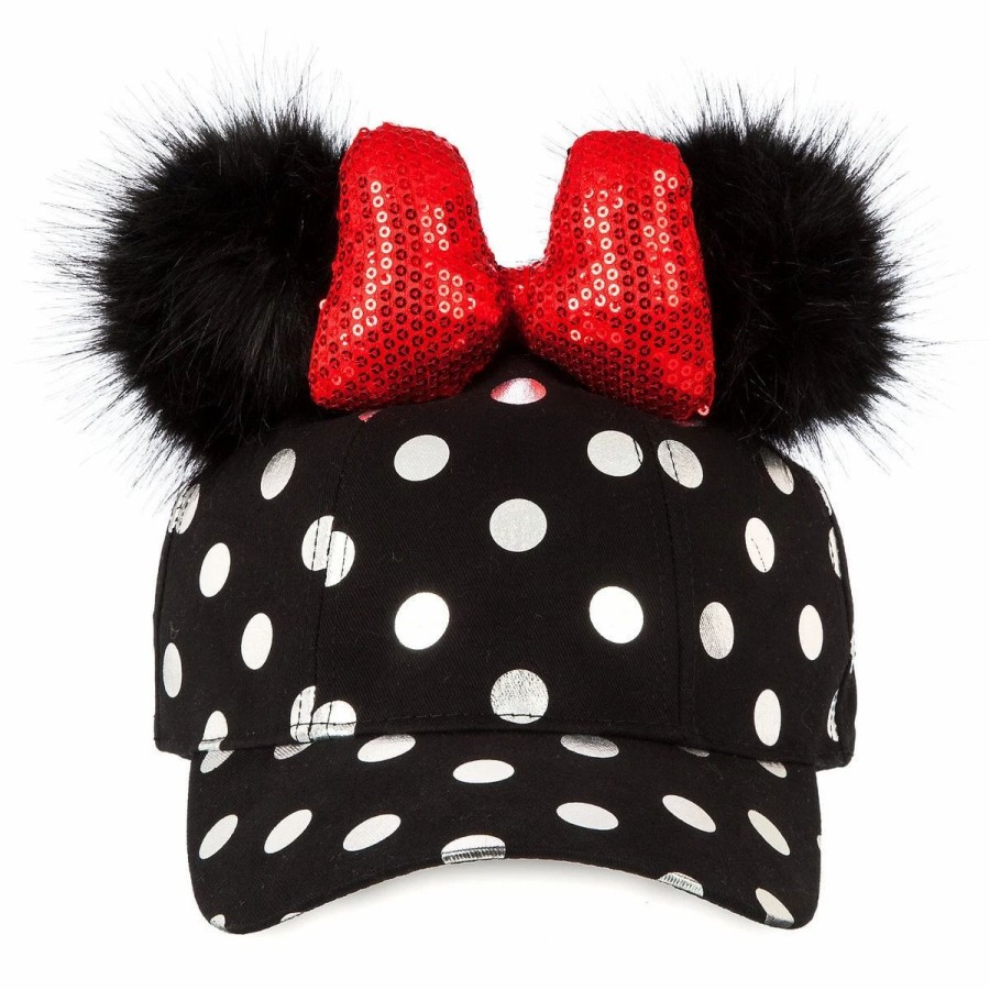 Hats * | Disney Hat Baseball Cap Minnie Mouse Polka Dot Pom Pom Black