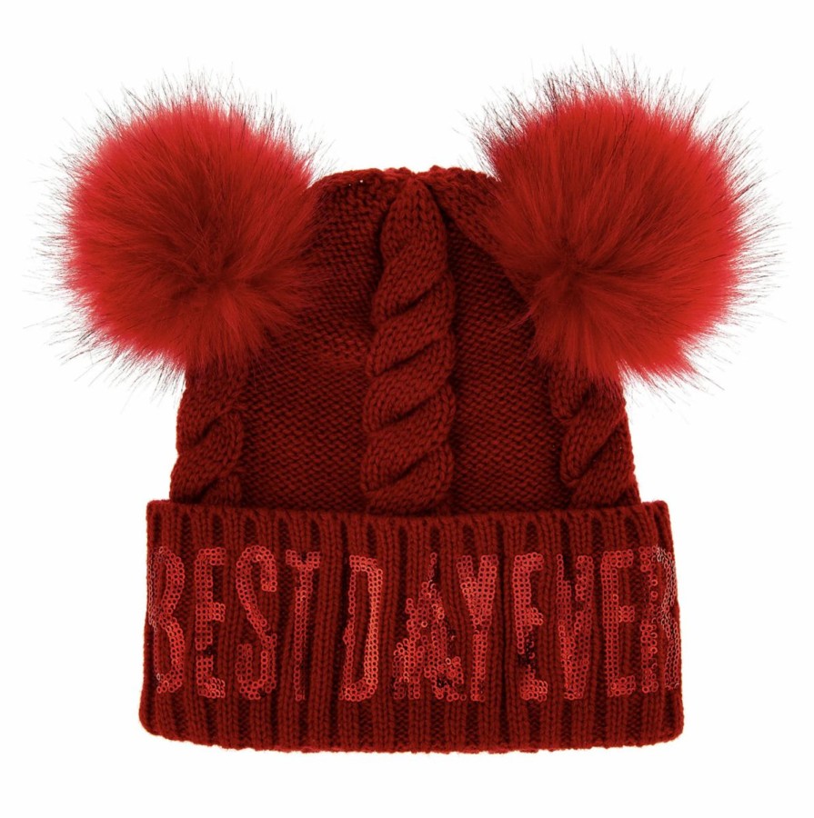 Hats * | Disney Knit Hat Minnie Pom Poms Best Day Ever Red