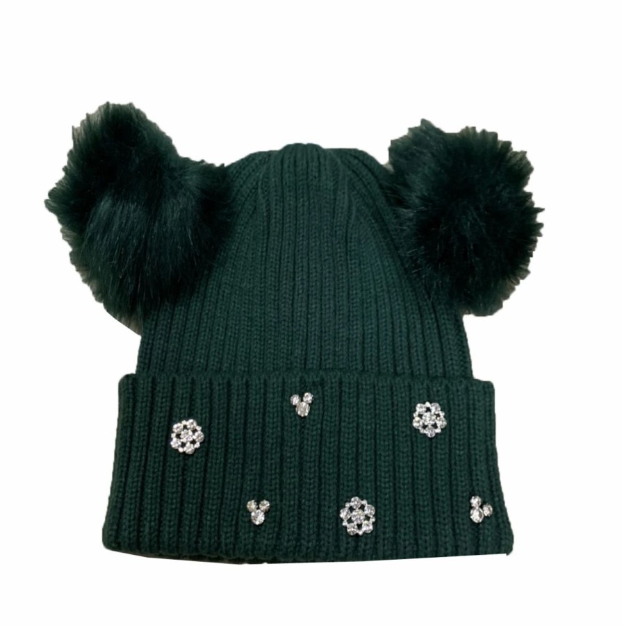 Hats * | Disney Knit Hat Minnie Pom Poms Mickey & Snowflakes Green